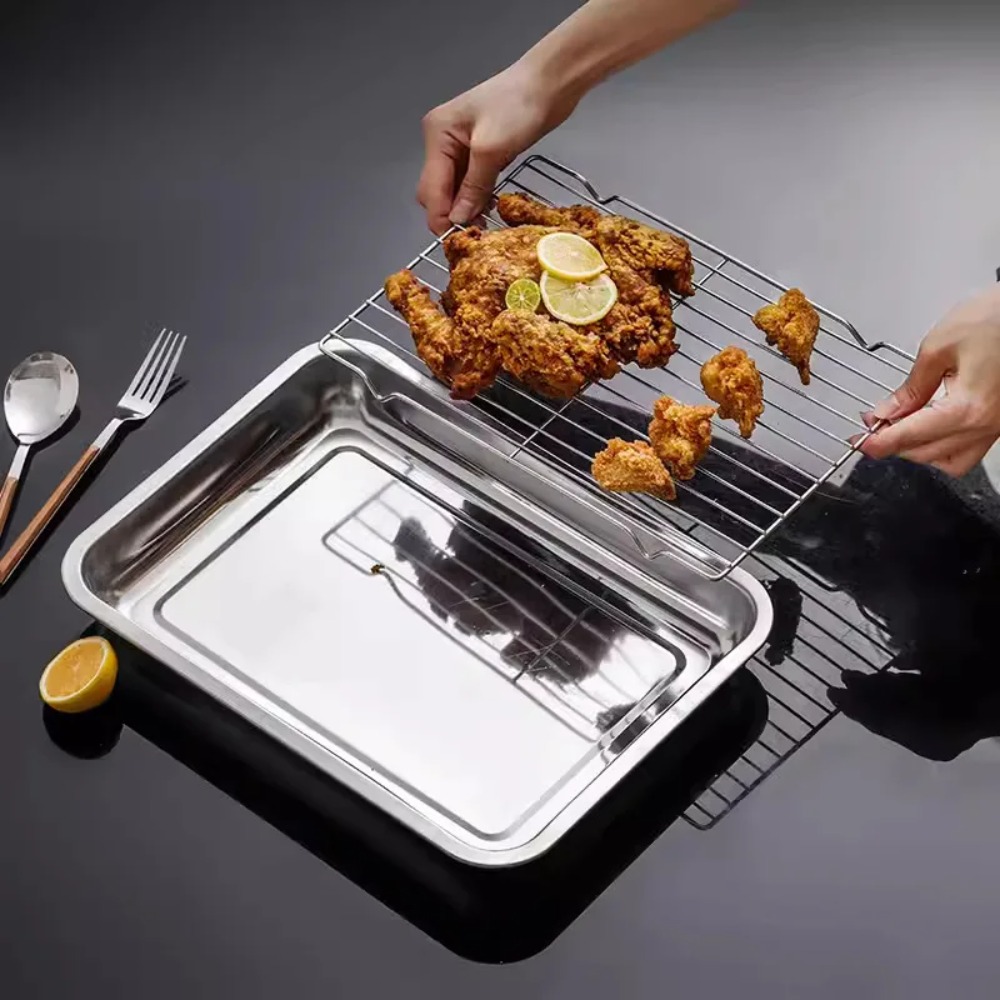 Kitchen Baking Tray Set - ถาดอบสแตนเลสพร้อมตะแกรงระบายความร้อน ถาดลึกพร้อมตะแกรงระบายน้ำมันสำหรับอาหารทอด อบ ย่าง ชุดถาดเสิร์ฟในครัว