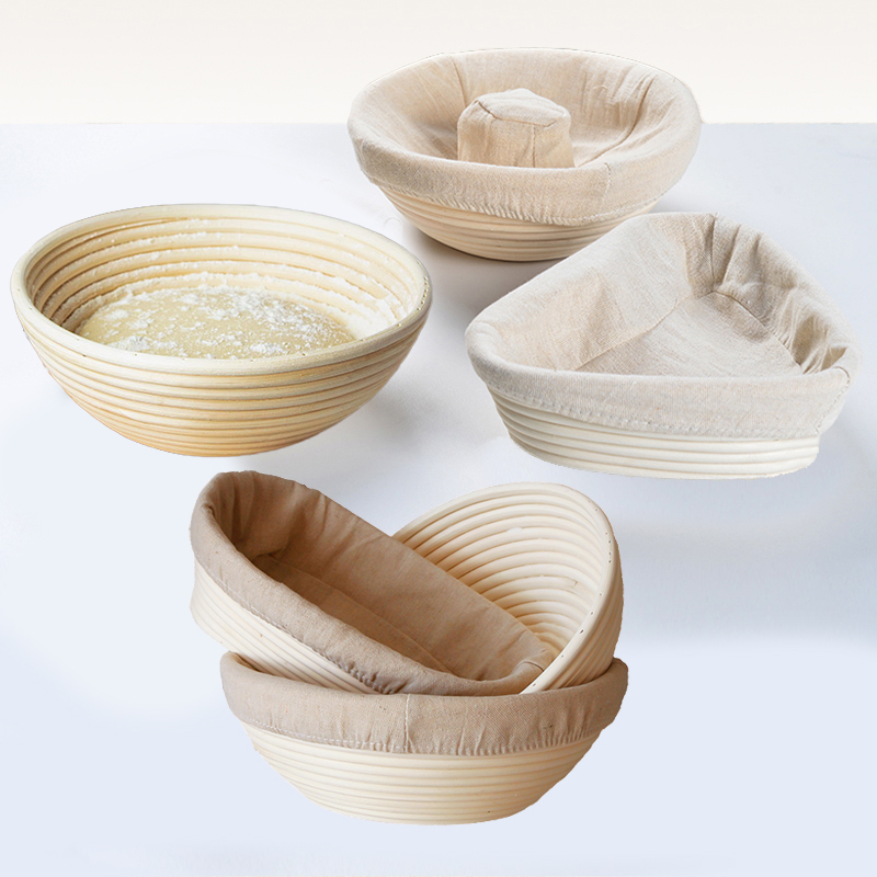 Proofing Basket Banneton - ตะกร้าหวายธรรมชาติสำหรับพักแป้งขนมปัง พร้อมผ้าลินินรอง ตะกร้าสำหรับหมักแป้งซาวโดว์ อุปกรณ์ทำขนมปัง