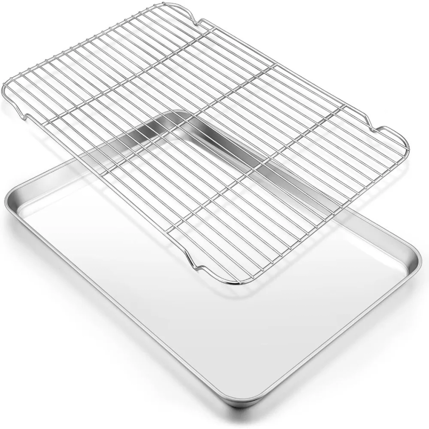 Kitchen Baking Tray Set - ชุดถาดอบสแตนเลส 304 พร้อมตะแกรงโลหะรูปสี่เหลี่ยมผืนผ้า อุปกรณ์ย่างบาร์บีคิว สำหรับครัว แคมป์ปิ้งกลางแจ้ง