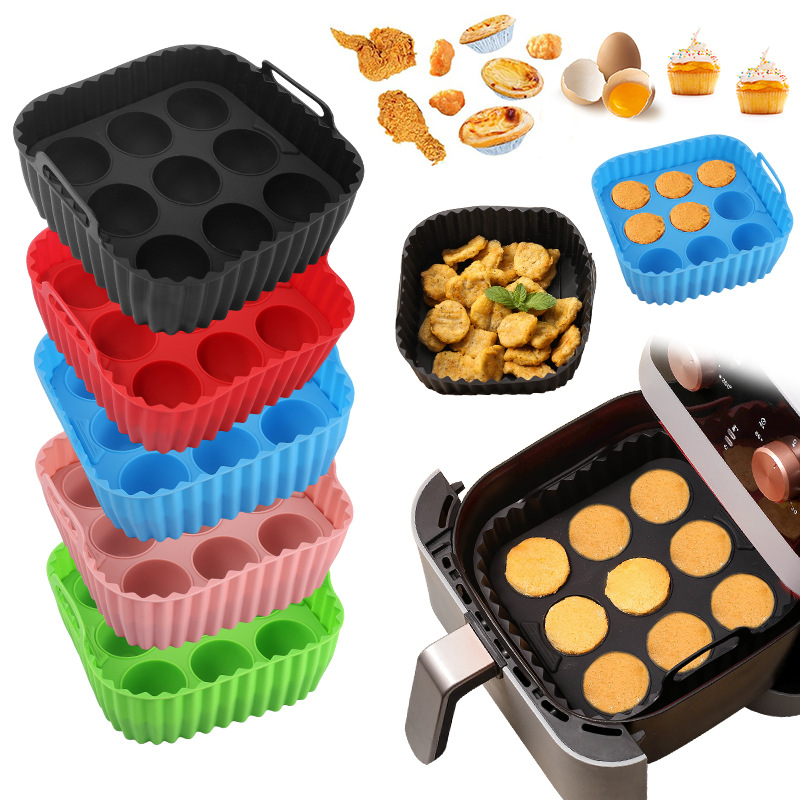 Kitchen Baking Tray Set - แผ่นรองอบซิลิโคนสำหรับหม้อทอดไร้น้ำมัน 2 ชิ้น & ชุดพิมพ์มัฟฟิน ถาดอบแบบใช้ซ้ำได้